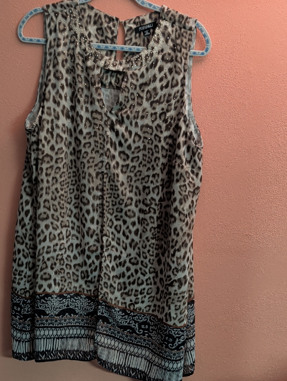 Roz & Ali Leopard Print Sleeveless Top with Beaded Neckline - Tan & Black